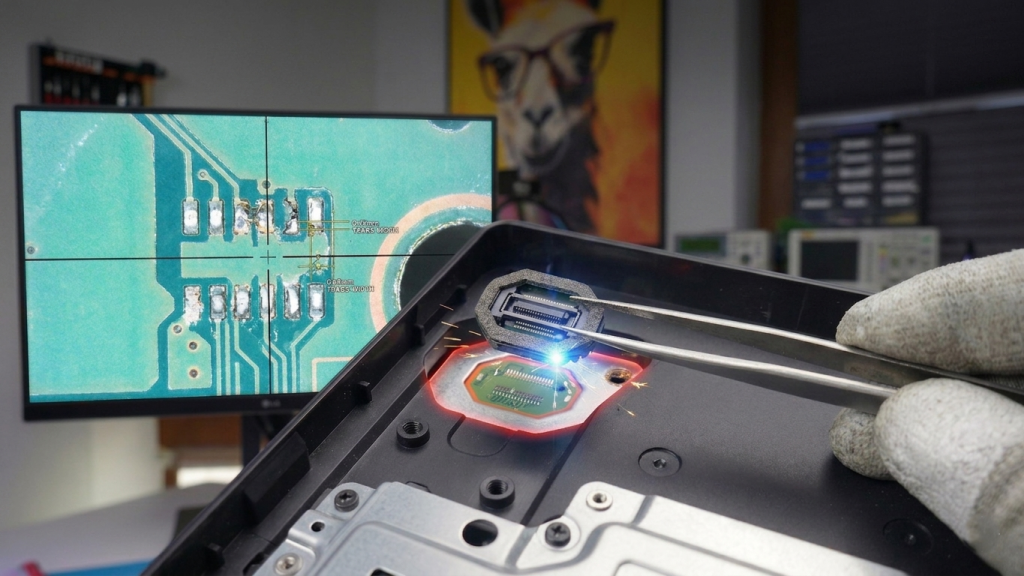 Micro Soldering Reparatur einer Sony PlayStation Buchse unter dem Mikroskop